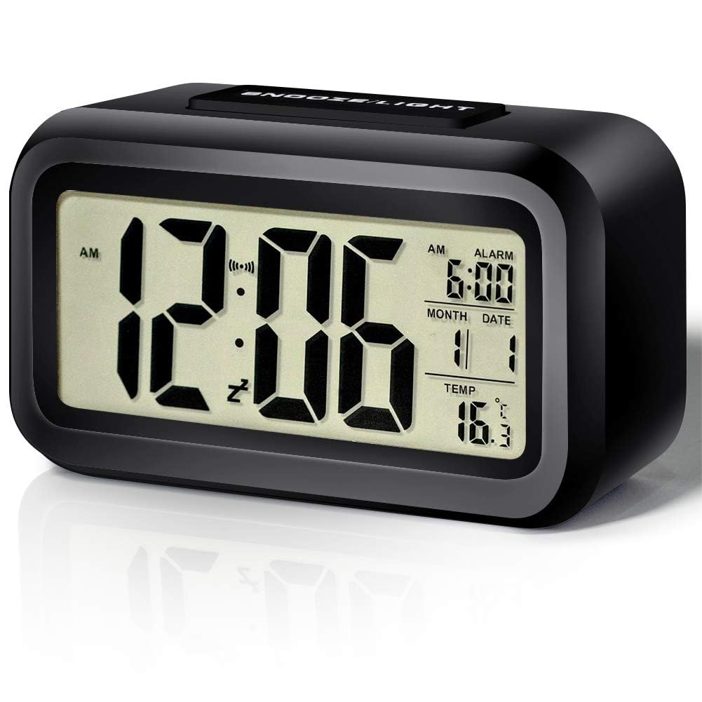 Digital Alarm Clock Table Office Clock with Date Time Temperature Night Light Sensor Backlight Battery Operated with Automatic Sensor, Date & Temperature Alarm Clock