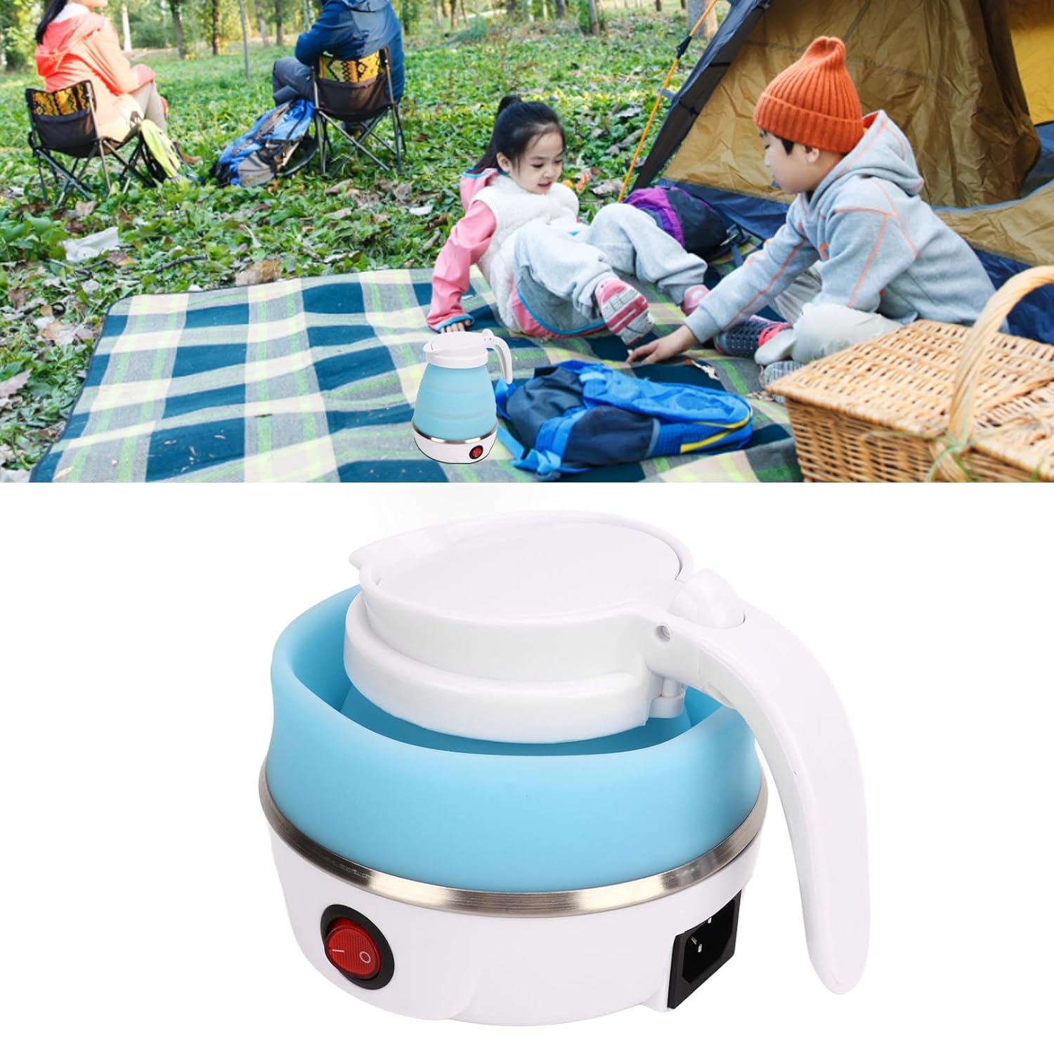 Travel Folding Electric Kettle Stainless Steel Heating Plate Fast Boiling Food Grade Silicone Folding Design Collapsible Portable Foldable Boil Dry Protection Home & Office Use 600ml