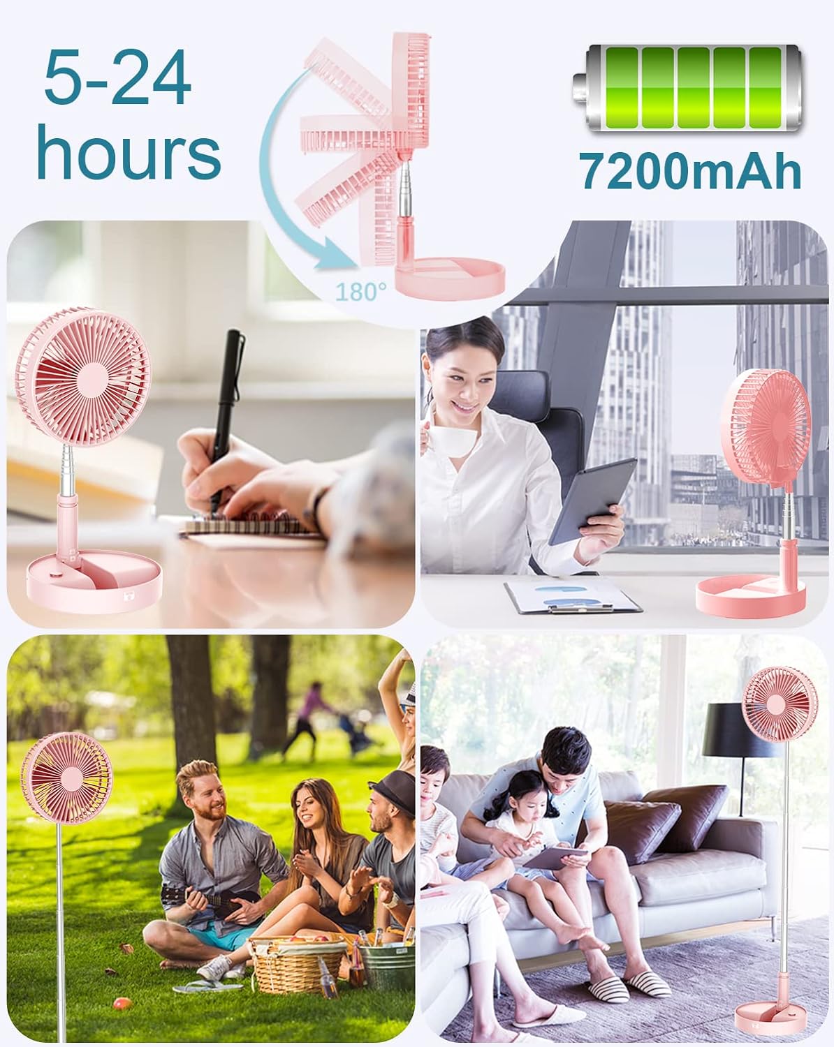 Portable Telescope Folding Rechargeable Fan with Adjustable Height & USB Powered for Office Home Outdoor & Camping