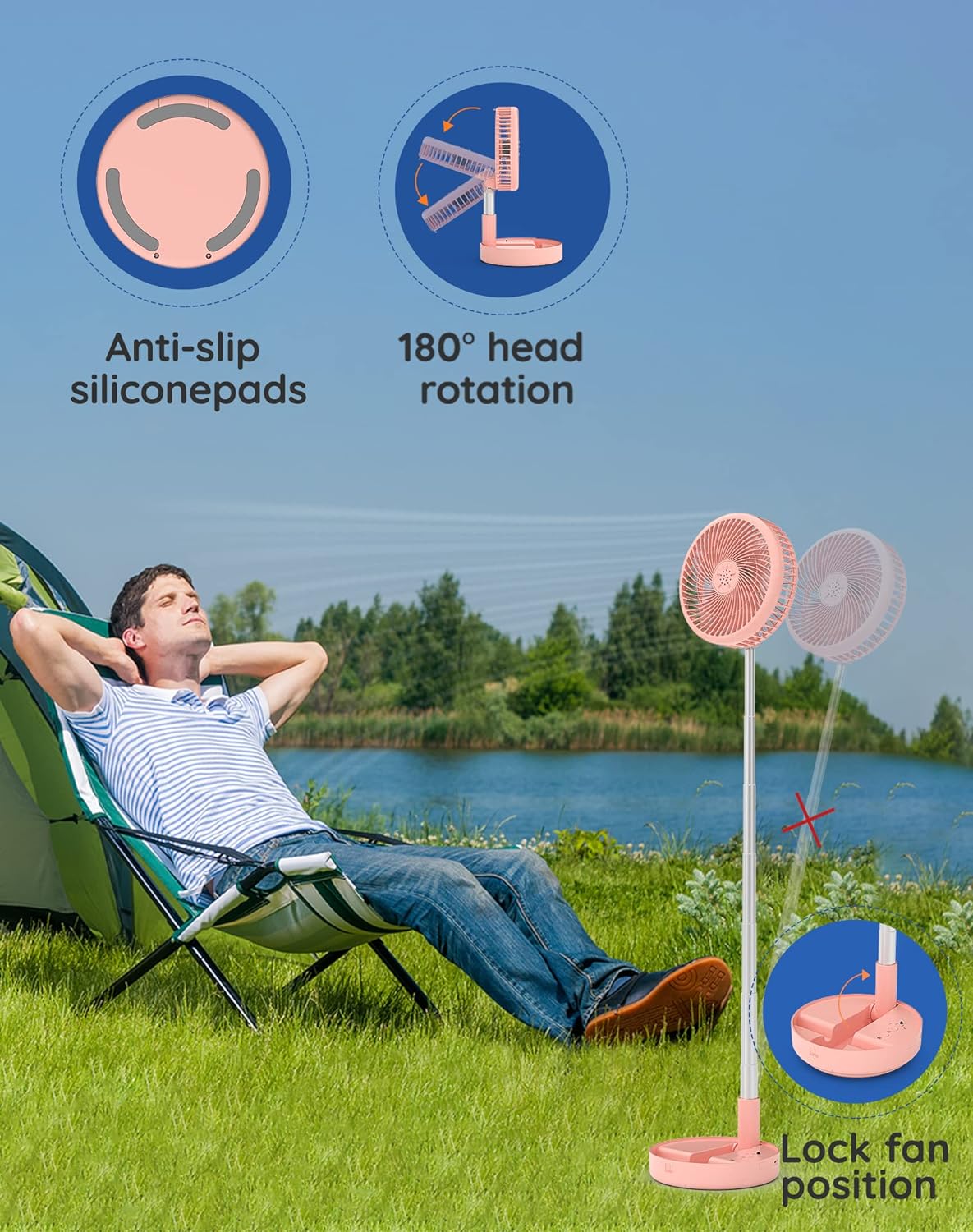 Portable Telescope Folding Rechargeable Fan with Adjustable Height & USB Powered for Office Home Outdoor & Camping