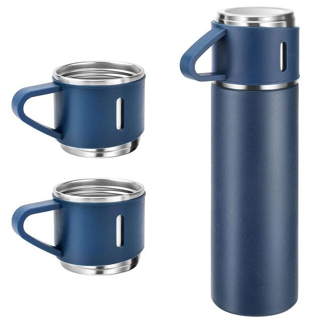 Vacuum Flask with 3 Cup Set Combo-Stainless Steel Thermo Hot and Cold Double Wall Insulated Thermos Travel Flask Bottle for Tea Coffee Water and Gift, 500 ml