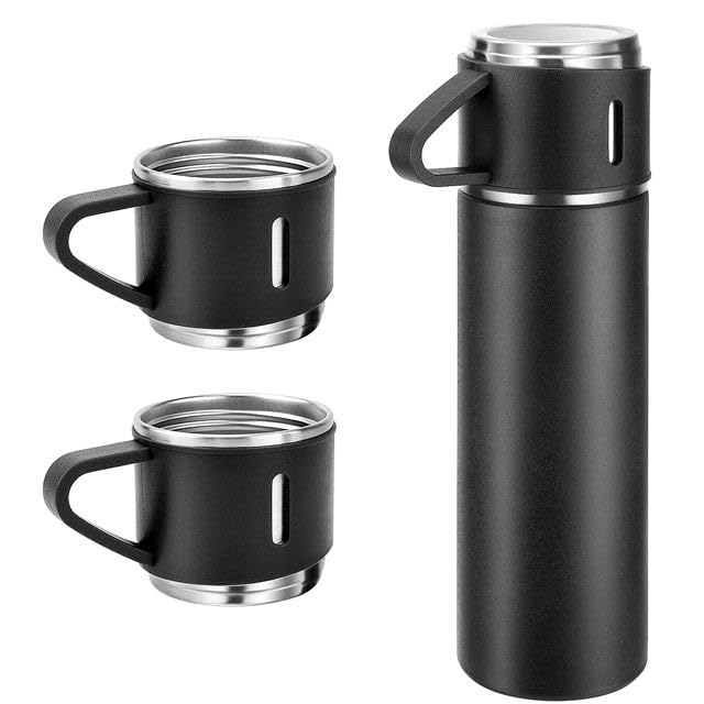 Vacuum Flask with 3 Cup Set Combo-Stainless Steel Thermo Hot and Cold Double Wall Insulated Thermos Travel Flask Bottle for Tea Coffee Water and Gift, 500 ml