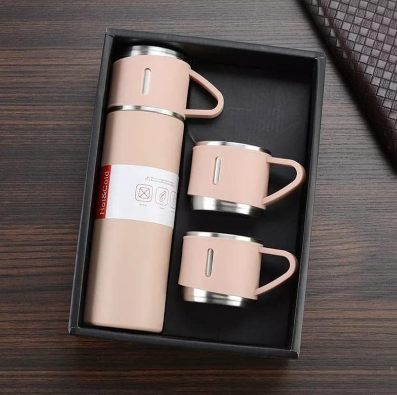 Vacuum Flask with 3 Cup Set Combo-Stainless Steel Thermo Hot and Cold Double Wall Insulated Thermos Travel Flask Bottle for Tea Coffee Water and Gift, 500 ml