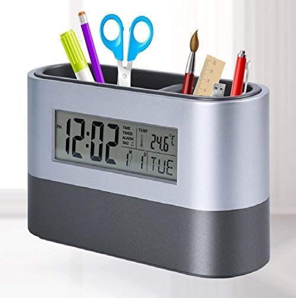 Clock Pen Stand Holder With Time, Alarm Snooze Calendar Temperature