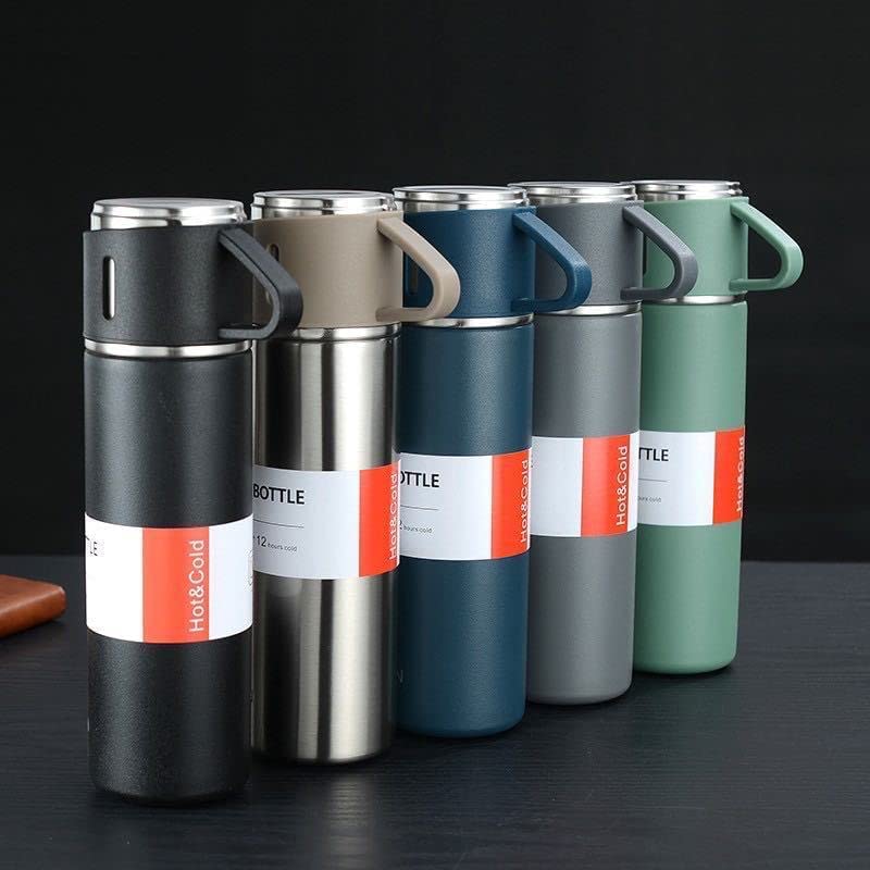 Vacuum Flask with 3 Cup Set Combo-Stainless Steel Thermo Hot and Cold Double Wall Insulated Thermos Travel Flask Bottle for Tea Coffee Water and Gift, 500 ml