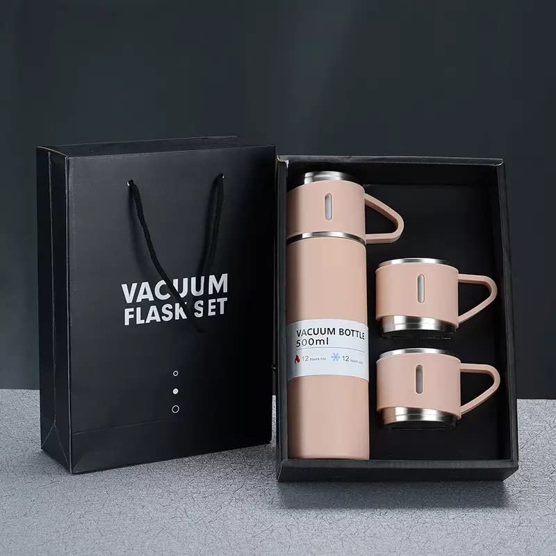 Vacuum Flask with 3 Cup Set Combo-Stainless Steel Thermo Hot and Cold Double Wall Insulated Thermos Travel Flask Bottle for Tea Coffee Water and Gift, 500 ml