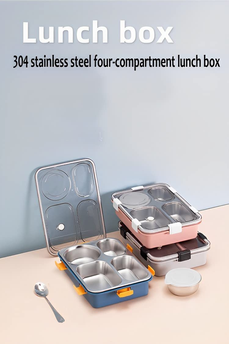 Stainless Steel Lunch Box 4 Compartment Leak-Proof BPA Free Stainless Steel with Spoon, for School, Lunch Box for Kids, Lunch Box for School & Office with a Spoon and a Pair of Chopsticks