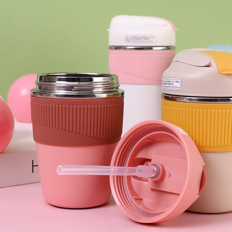 Travel Coffee Mug 2 in 1 Double Wall Vacuum Insulation Coffee Cup Reusable Leak Proof Tumbler with Straw and Flip Lid for Coffee Tea and Cold Drinks for Traveling 360ml