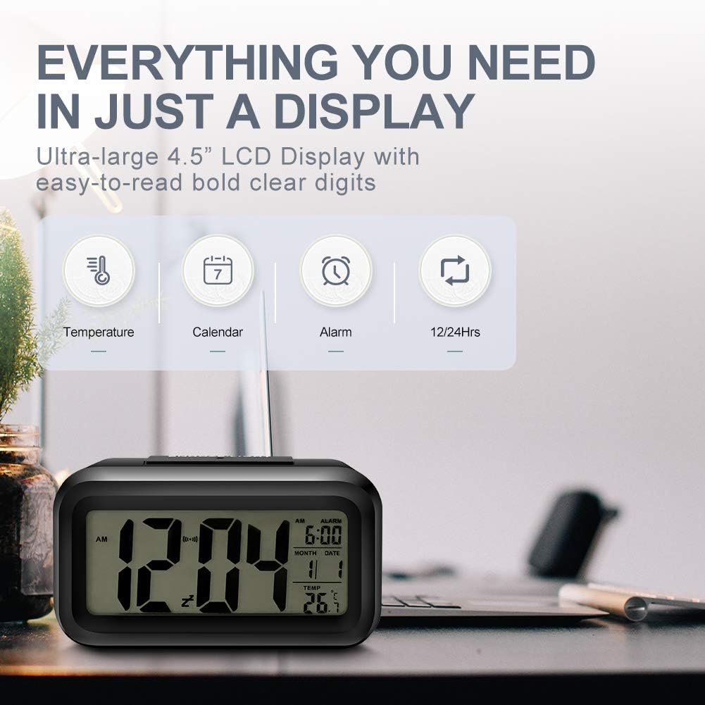 Digital Alarm Clock Table Office Clock with Date Time Temperature Night Light Sensor Backlight Battery Operated with Automatic Sensor, Date & Temperature Alarm Clock