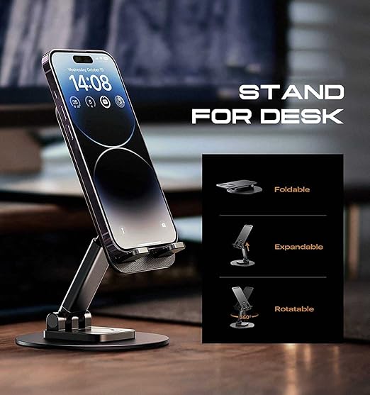 Aluminum Mobile Phone Stand 360° Rotation Height and Angle Adjustable and Foldable Cell Phone Stand for Desk Office Desktop Phone Holder for Smartphone