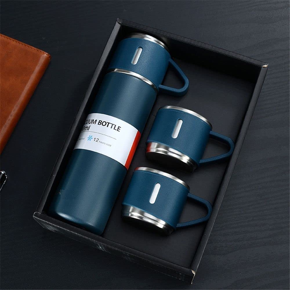 Vacuum Flask with 3 Cup Set Combo-Stainless Steel Thermo Hot and Cold Double Wall Insulated Thermos Travel Flask Bottle for Tea Coffee Water and Gift, 500 ml