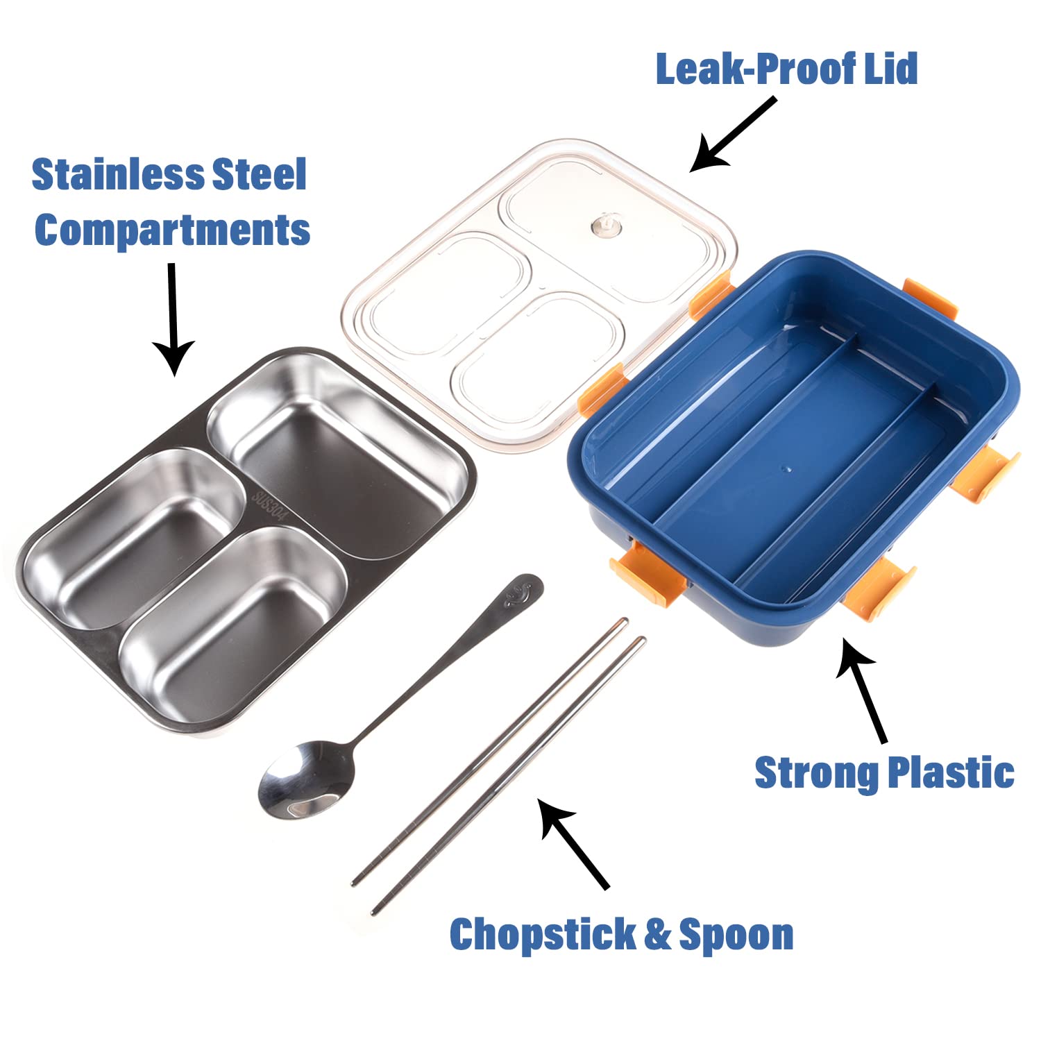 Stainless Steel Lunch Box 3 Compartment Leak-Proof BPA Free Stainless Steel with Spoon, for School, Lunch Box for Kids, Lunch Box for School & Office with a Spoon and a Pair of Chopsticks