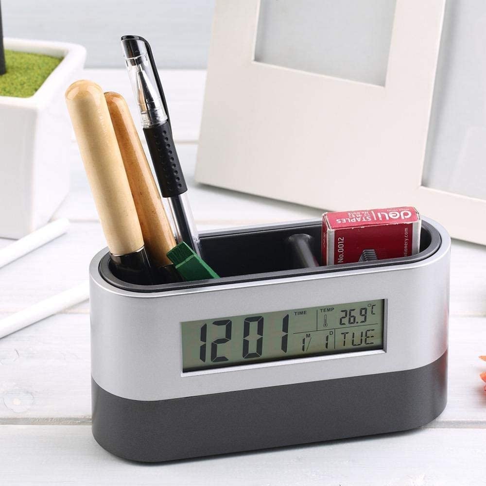 Clock Pen Stand Holder With Time, Alarm Snooze Calendar Temperature