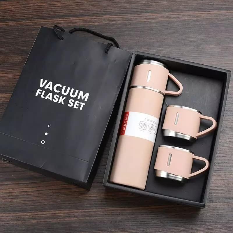 Vacuum Flask with 3 Cup Set Combo-Stainless Steel Thermo Hot and Cold Double Wall Insulated Thermos Travel Flask Bottle for Tea Coffee Water and Gift, 500 ml