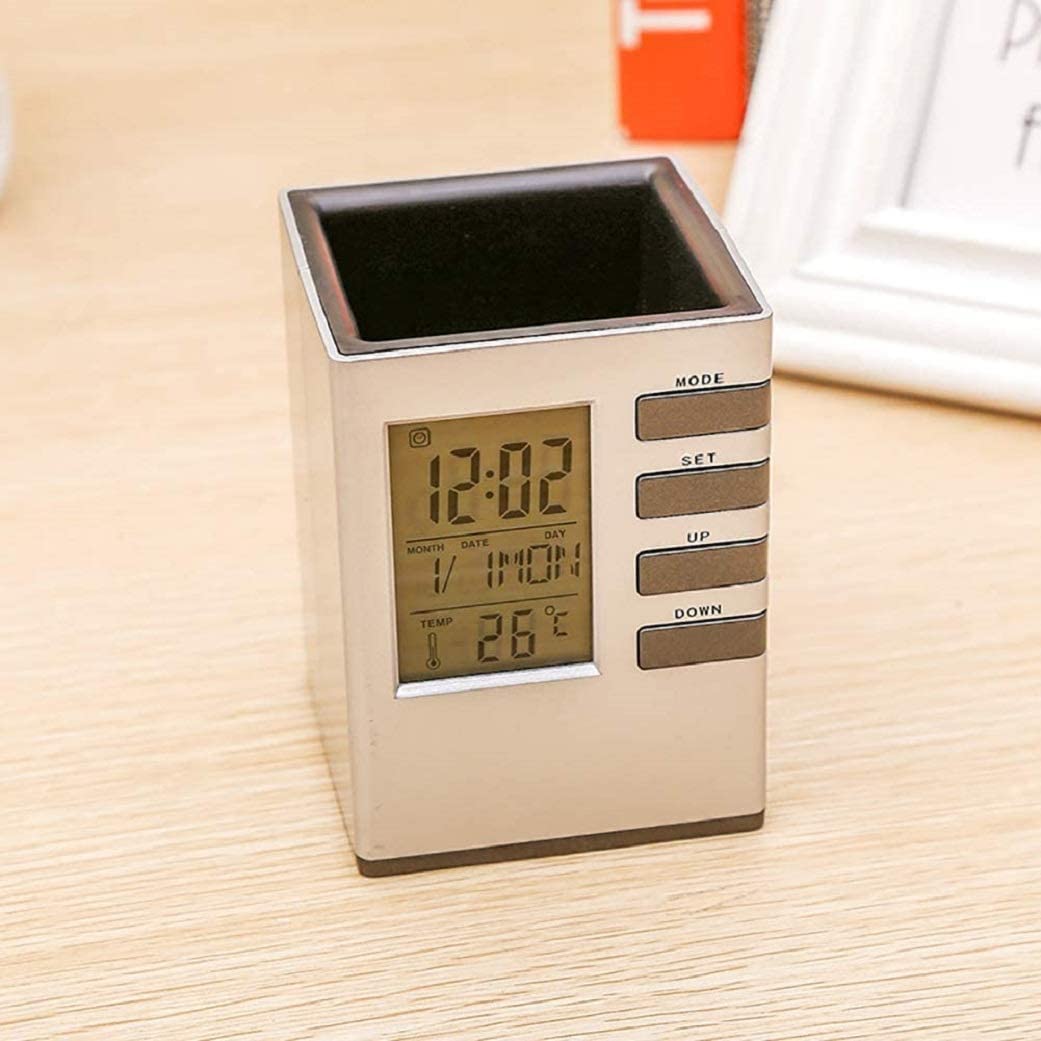 Cube Pen Pencil Holder with Square Analogue LCD Clock and Digital Calendar with Desk Pen Stand Desk Alarm Clock for Home Office Desk Organizer Rack