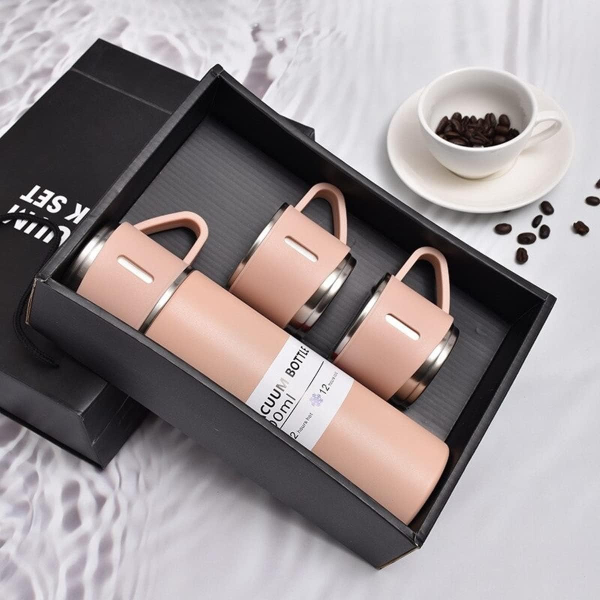 Vacuum Flask with 3 Cup Set Combo-Stainless Steel Thermo Hot and Cold Double Wall Insulated Thermos Travel Flask Bottle for Tea Coffee Water and Gift, 500 ml