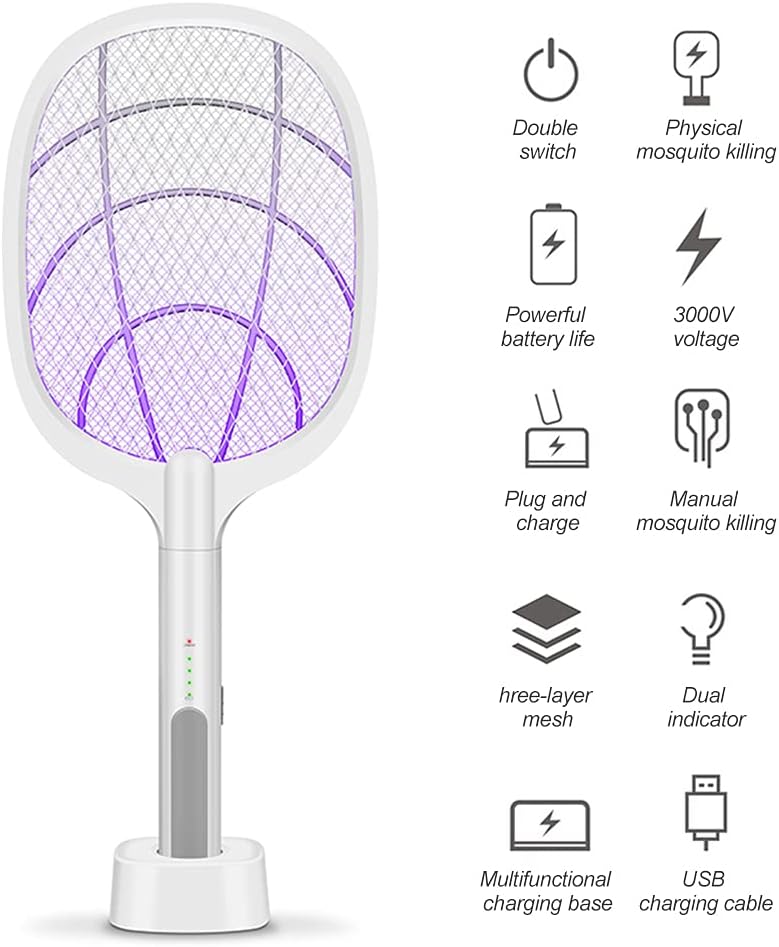 Electric Fly Mosquito Racket with UV Light Lamp Rechargeable Battery Mosquito Swatter with 2 Unique Modes