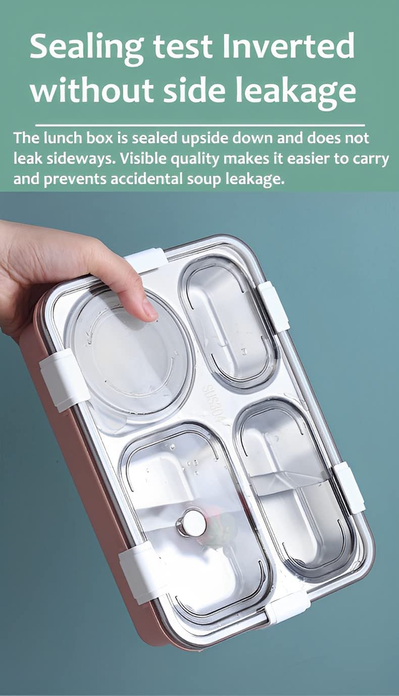 Stainless Steel Lunch Box 4 Compartment Leak-Proof BPA Free Stainless Steel with Spoon, for School, Lunch Box for Kids, Lunch Box for School & Office with a Spoon and a Pair of Chopsticks