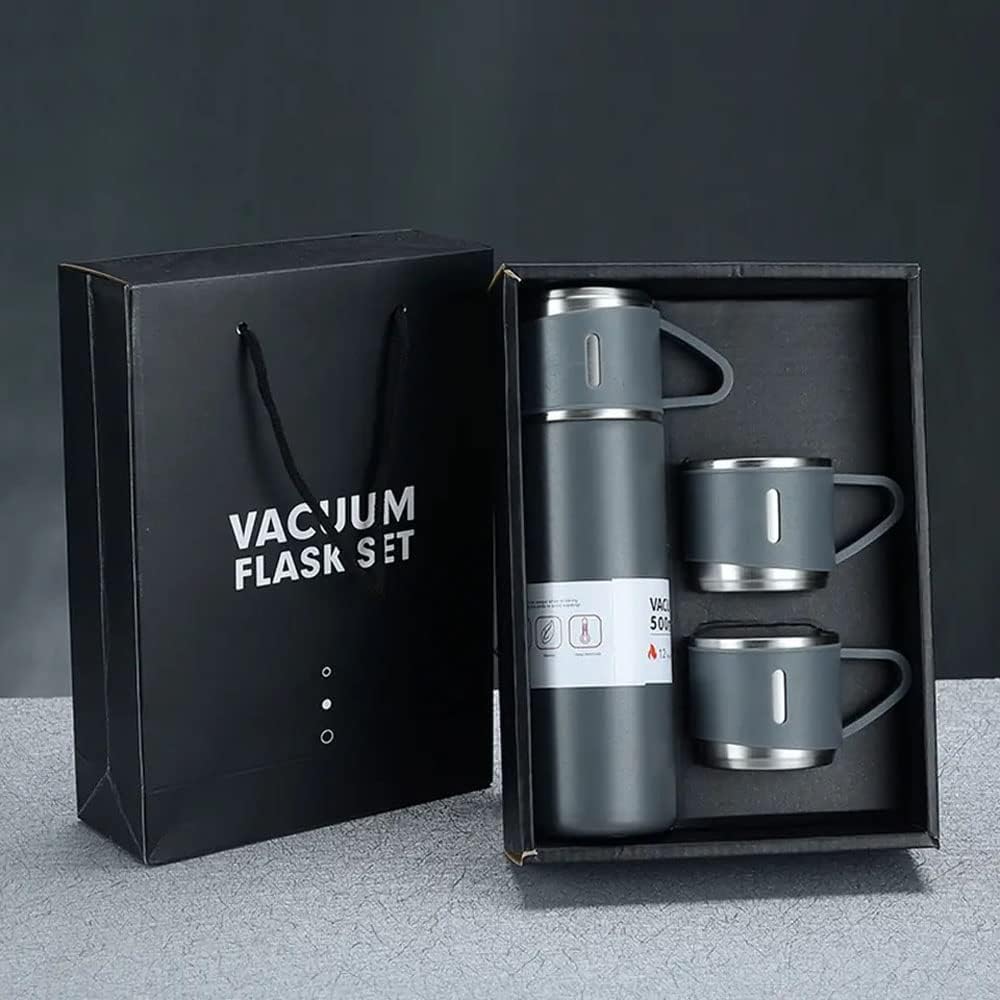 Vacuum Flask with 3 Cup Set Combo-Stainless Steel Thermo Hot and Cold Double Wall Insulated Thermos Travel Flask Bottle for Tea Coffee Water and Gift, 500 ml