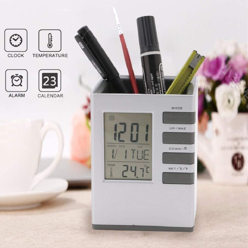 Cube Pen Pencil Holder with Square Analogue LCD Clock and Digital Calendar with Desk Pen Stand Desk Alarm Clock for Home Office Desk Organizer Rack