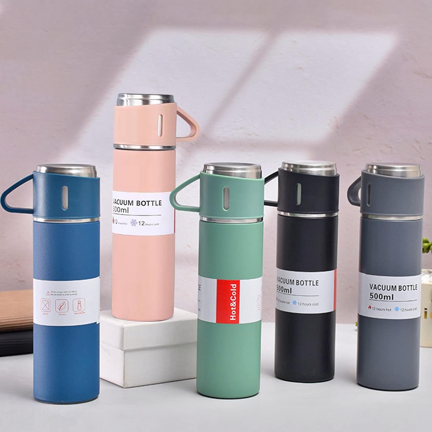 Vacuum Flask with 3 Cup Set Combo-Stainless Steel Thermo Hot and Cold Double Wall Insulated Thermos Travel Flask Bottle for Tea Coffee Water and Gift, 500 ml