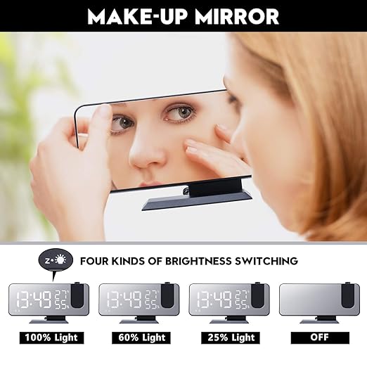 Projection Alarm Clock Large Screen 7.4'' Led Mirror Display 4 Dimmer Radio Alarm Clock For Bedroom USB Charging 180° Routable 2 Sounds