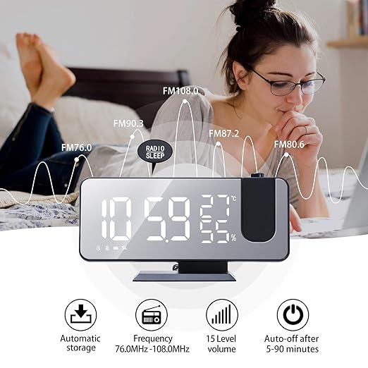 Projection Alarm Clock Large Screen 7.4'' Led Mirror Display 4 Dimmer Radio Alarm Clock For Bedroom USB Charging 180° Routable 2 Sounds