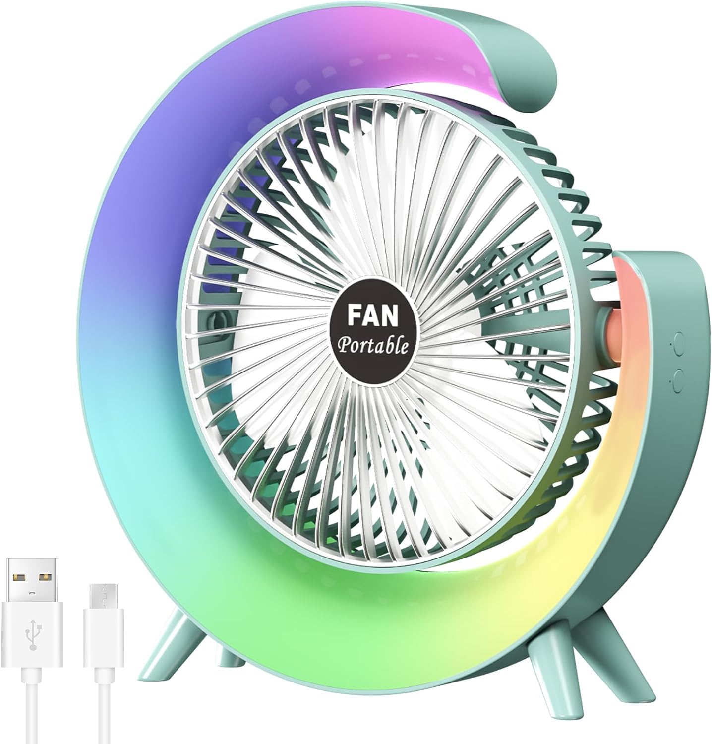 Portable Colorful Desk Fan with LED Light, 3 Level Speeds, 180° Tilt, USB Rechargeable Battery Powered for Home & Office Use.