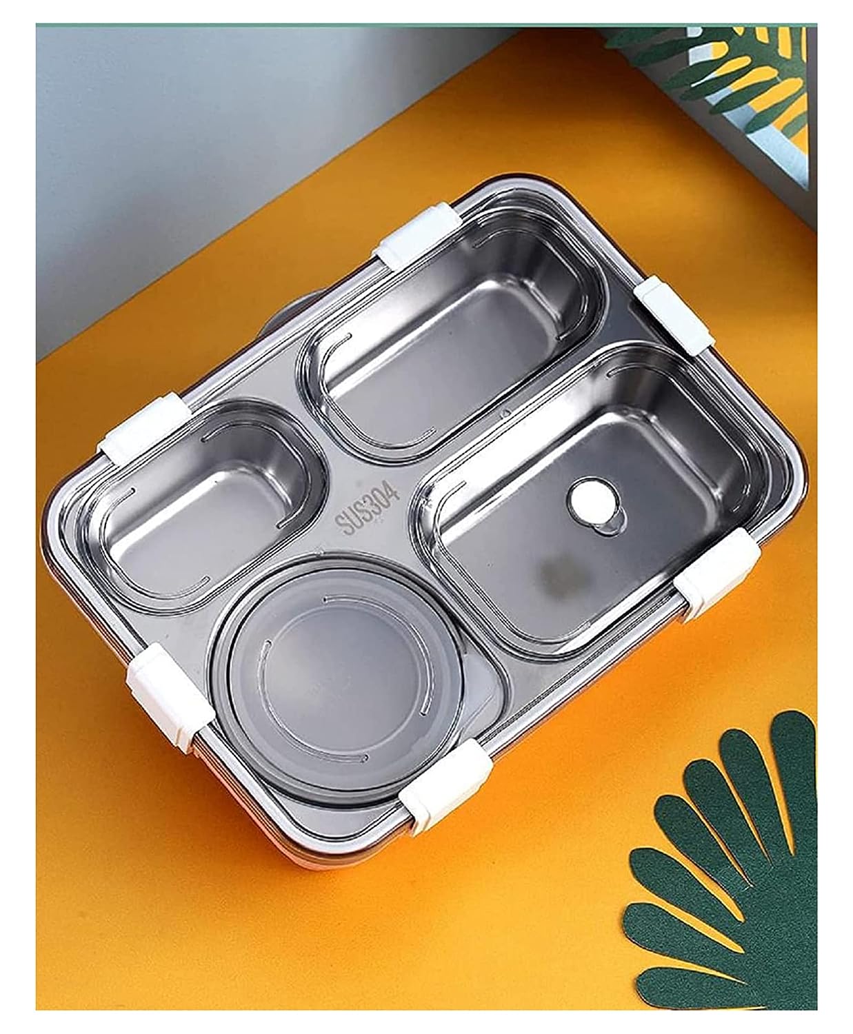 Stainless Steel Lunch Box 4 Compartment Leak-Proof BPA Free Stainless Steel with Spoon, for School, Lunch Box for Kids, Lunch Box for School & Office with a Spoon and a Pair of Chopsticks