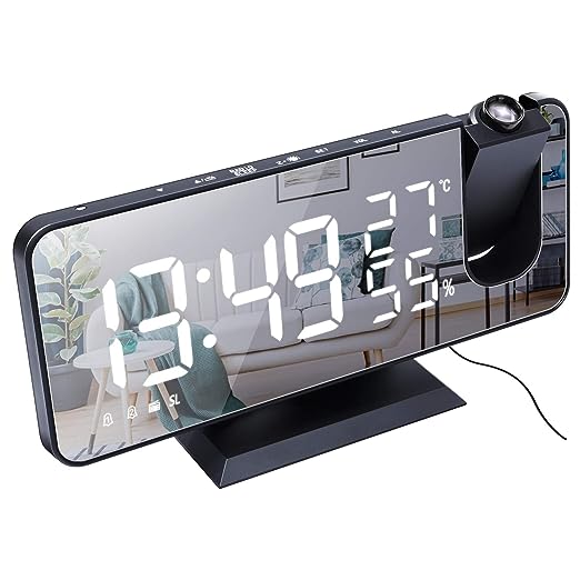 Projection Alarm Clock Large Screen 7.4'' Led Mirror Display 4 Dimmer Radio Alarm Clock For Bedroom USB Charging 180° Routable 2 Sounds