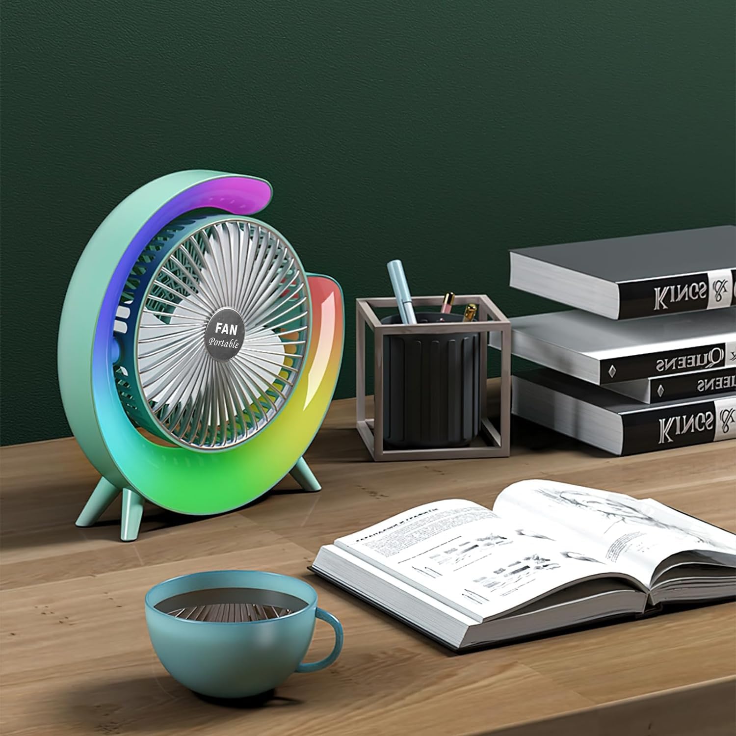 Portable Colorful Desk Fan with LED Light, 3 Level Speeds, 180° Tilt, USB Rechargeable Battery Powered for Home & Office Use.