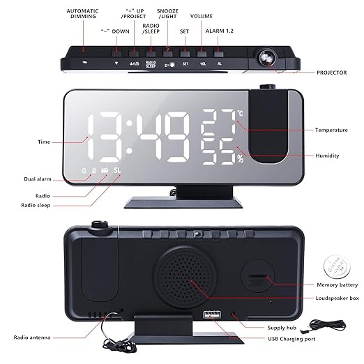 Projection Alarm Clock Large Screen 7.4'' Led Mirror Display 4 Dimmer Radio Alarm Clock For Bedroom USB Charging 180° Routable 2 Sounds