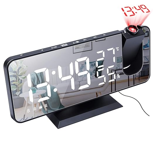 Projection Alarm Clock Large Screen 7.4'' Led Mirror Display 4 Dimmer Radio Alarm Clock For Bedroom USB Charging 180° Routable 2 Sounds