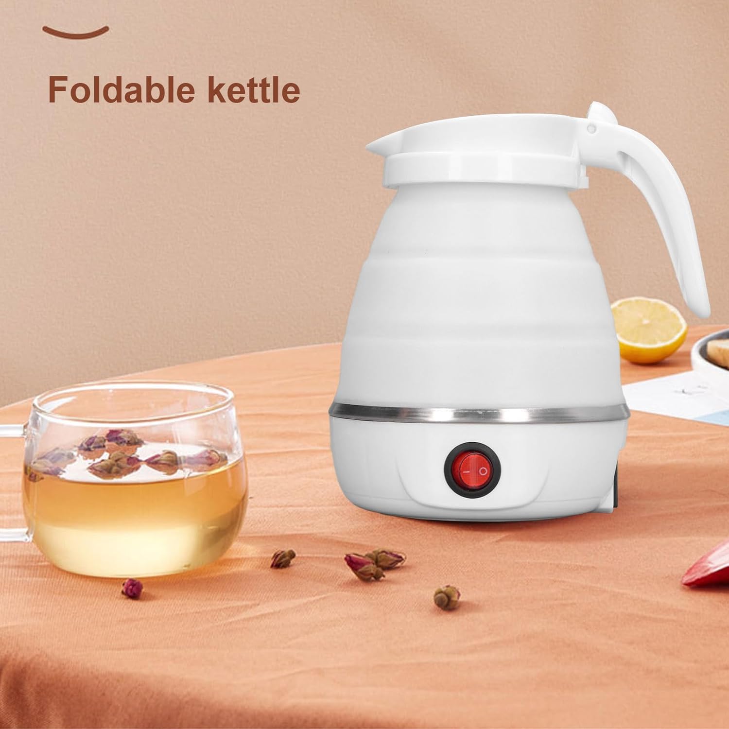 Travel Folding Electric Kettle Stainless Steel Heating Plate Fast Boiling Food Grade Silicone Folding Design Collapsible Portable Foldable Boil Dry Protection Home & Office Use 600ml