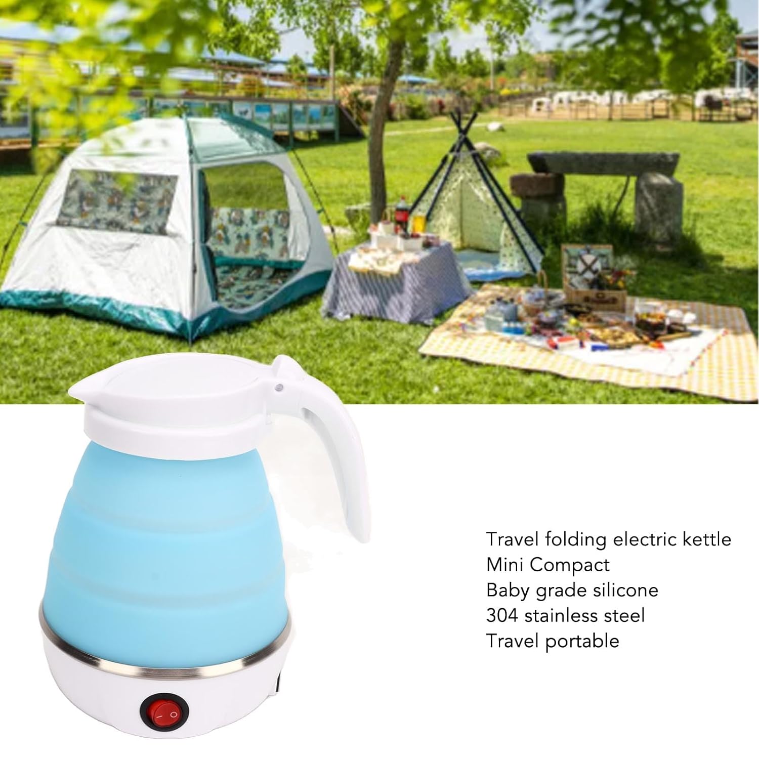 Travel Folding Electric Kettle Stainless Steel Heating Plate Fast Boiling Food Grade Silicone Folding Design Collapsible Portable Foldable Boil Dry Protection Home & Office Use 600ml