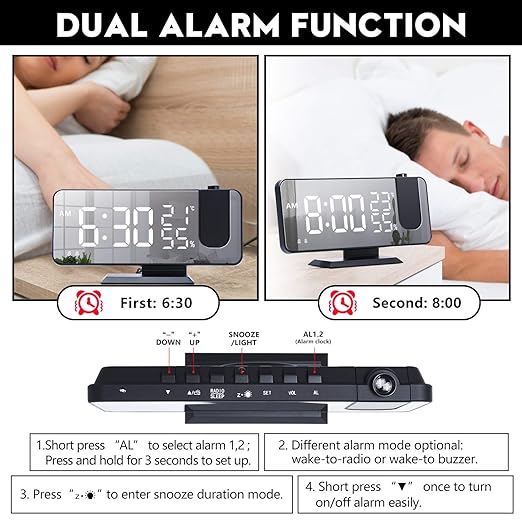 Projection Alarm Clock Large Screen 7.4'' Led Mirror Display 4 Dimmer Radio Alarm Clock For Bedroom USB Charging 180° Routable 2 Sounds