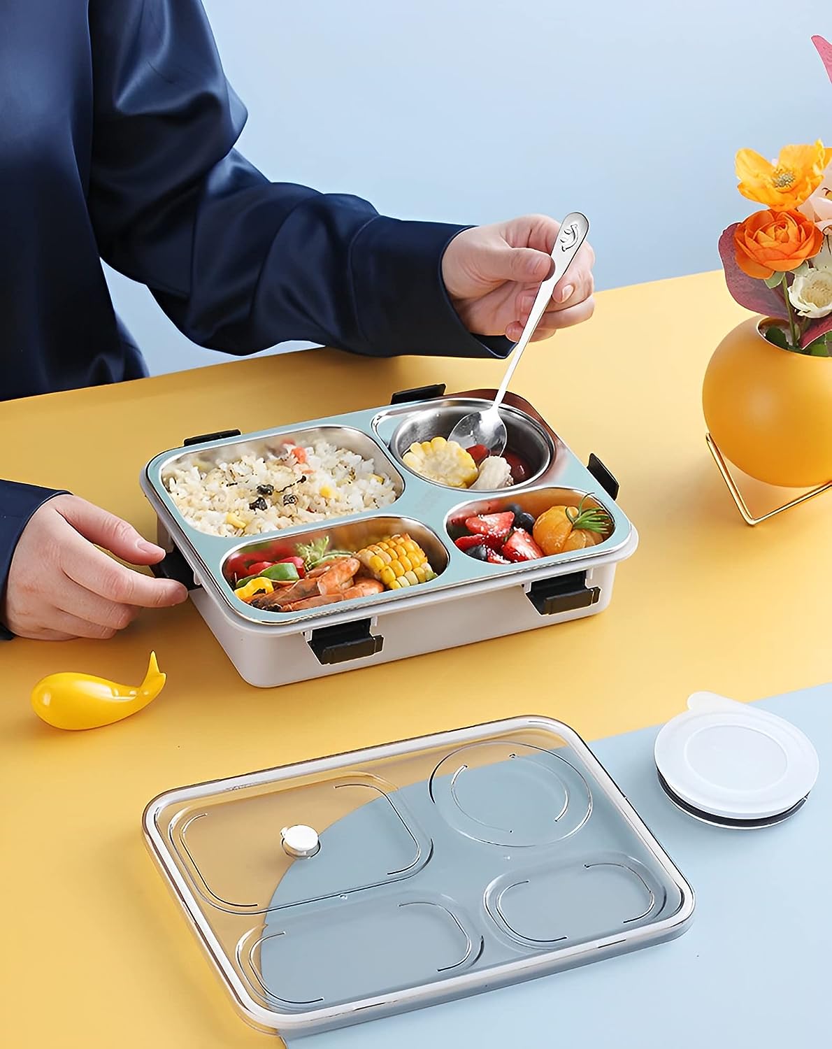 Stainless Steel Lunch Box 4 Compartment Leak-Proof BPA Free Stainless Steel with Spoon, for School, Lunch Box for Kids, Lunch Box for School & Office with a Spoon and a Pair of Chopsticks