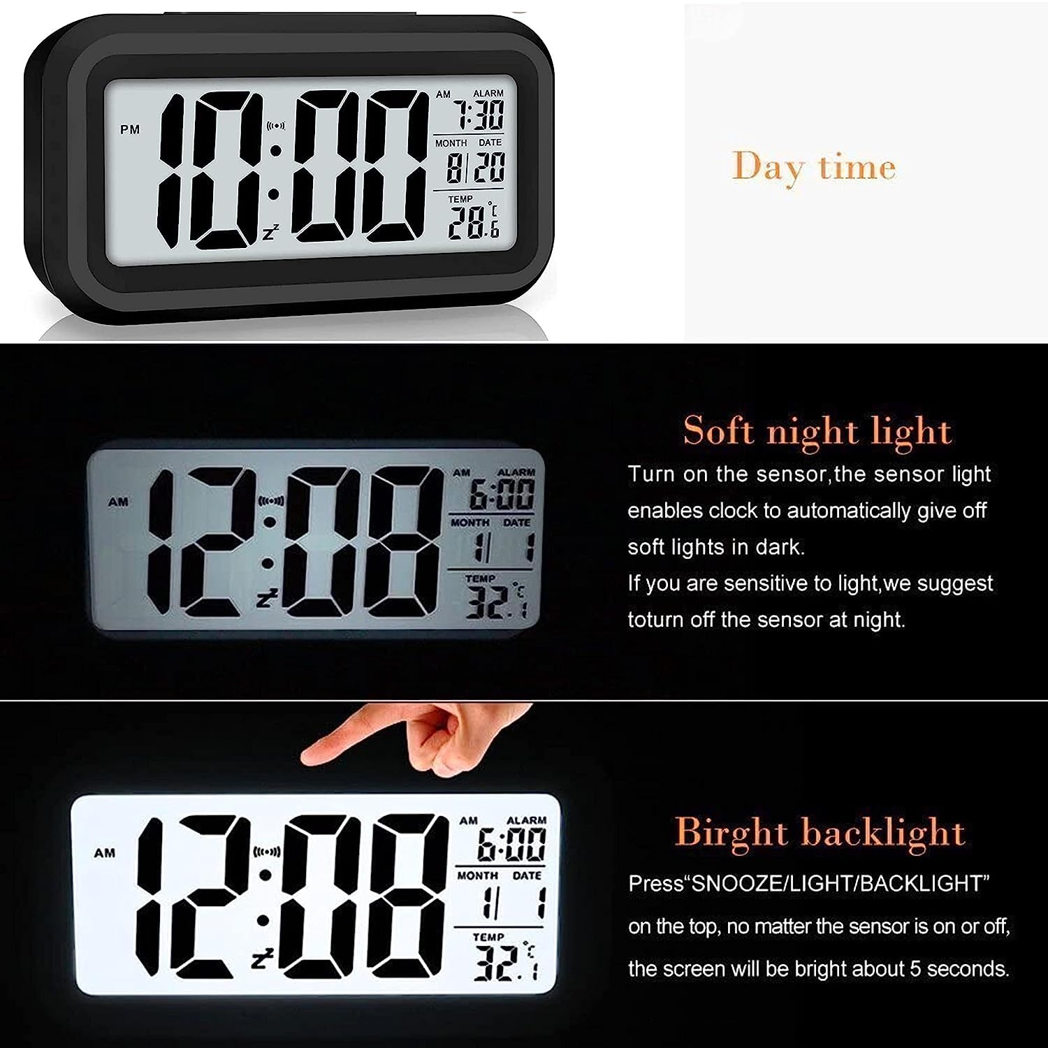 Digital Alarm Clock Table Office Clock with Date Time Temperature Night Light Sensor Backlight Battery Operated with Automatic Sensor, Date & Temperature Alarm Clock