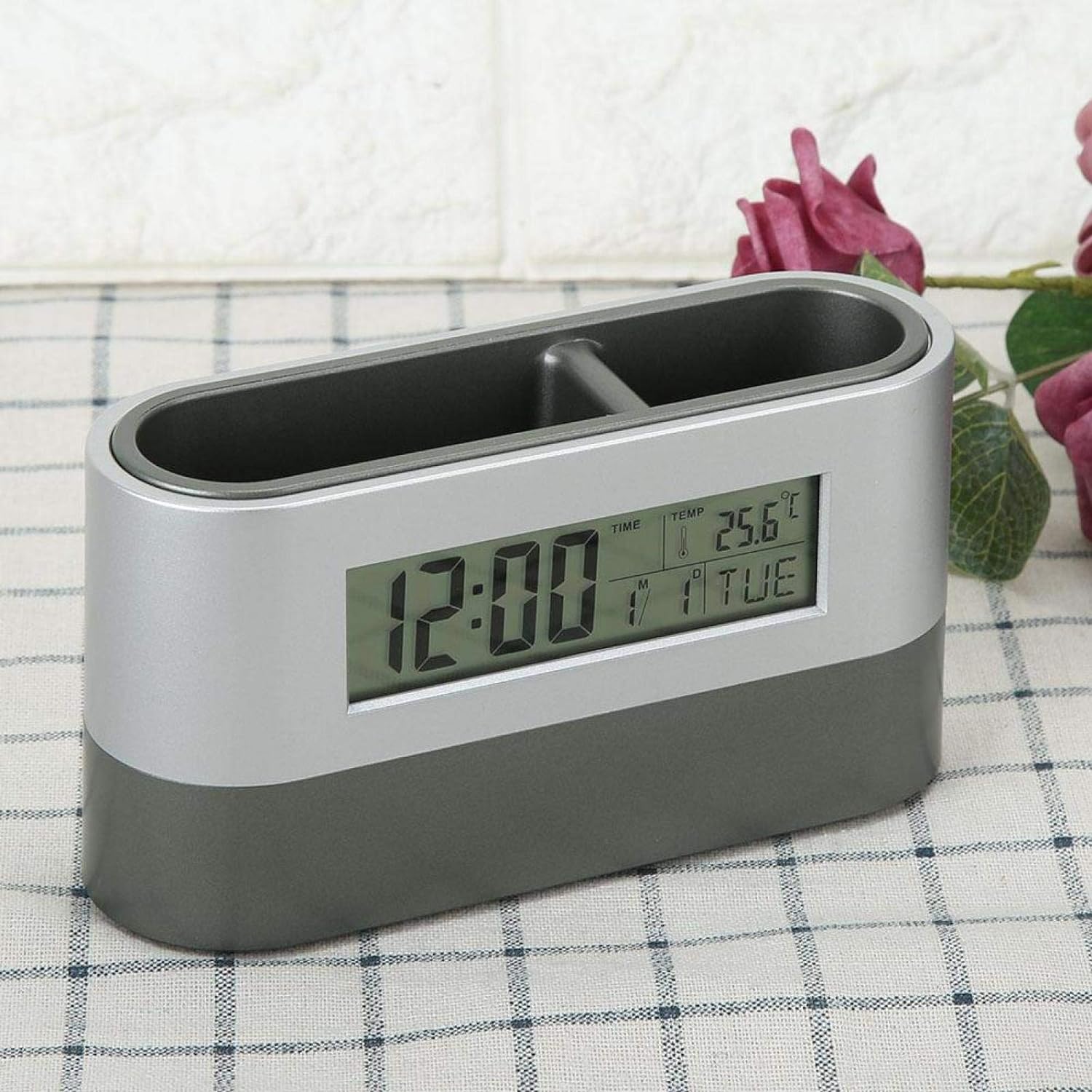 Clock Pen Stand Holder With Time, Alarm Snooze Calendar Temperature