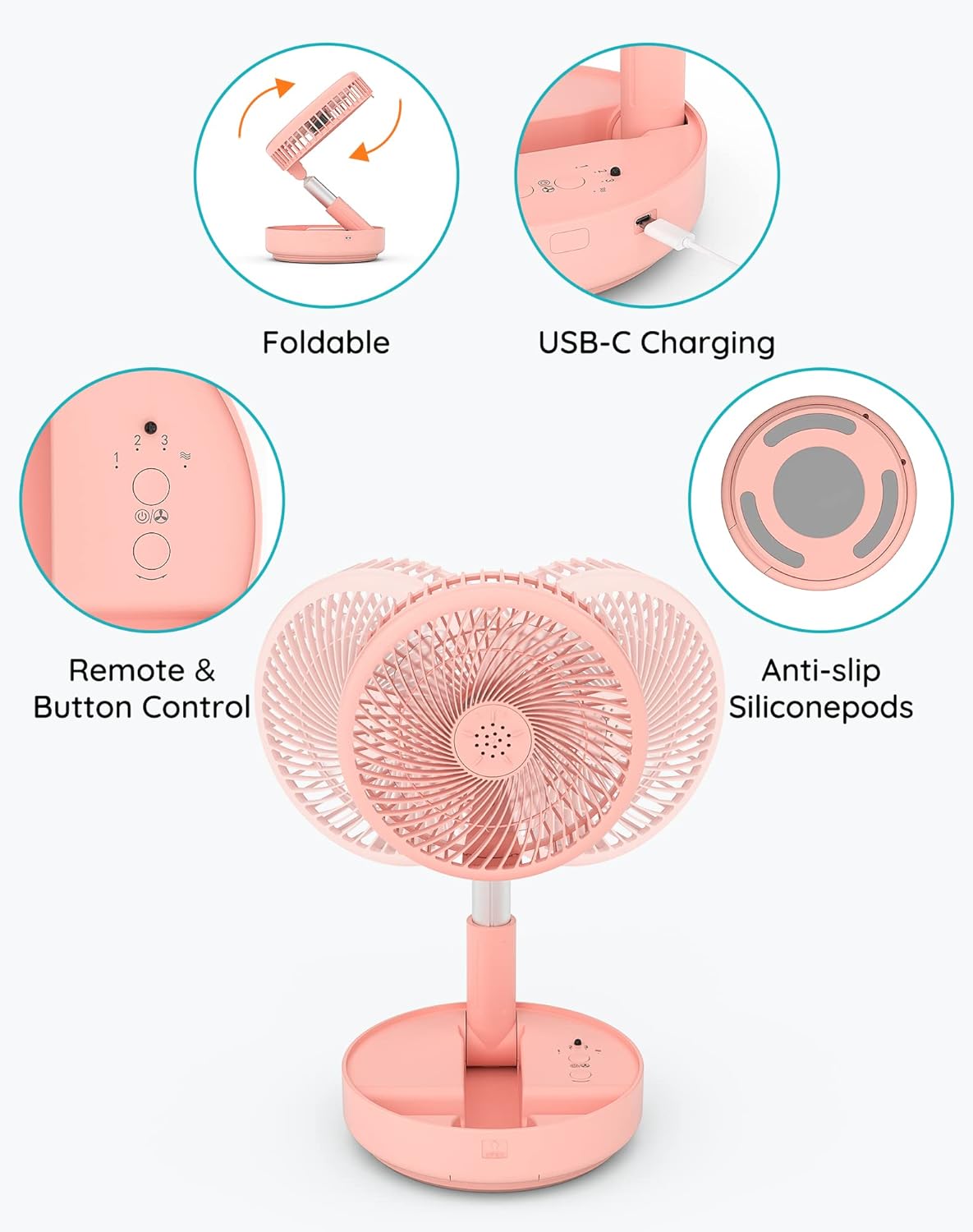 Portable Telescope Folding Rechargeable Fan with Adjustable Height & USB Powered for Office Home Outdoor & Camping