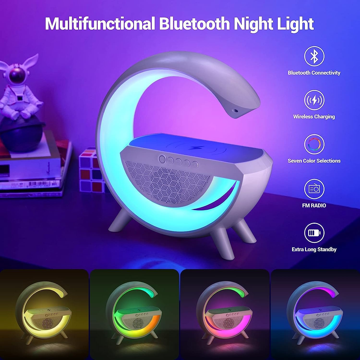 G Speaker Lamp - 3 in 1 Multi-Function Bluetooth Speaker with Wireless Fast Charging, RGB Light and Sunrise Alarm Clock for Bedroom & Bedside Table