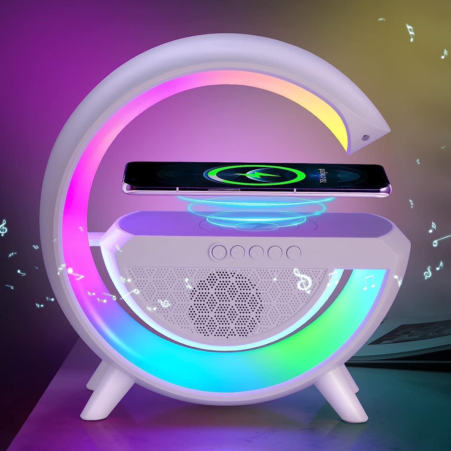 G Speaker Lamp - 3 in 1 Multi-Function Bluetooth Speaker with Wireless Fast Charging, RGB Light and Sunrise Alarm Clock for Bedroom & Bedside Table