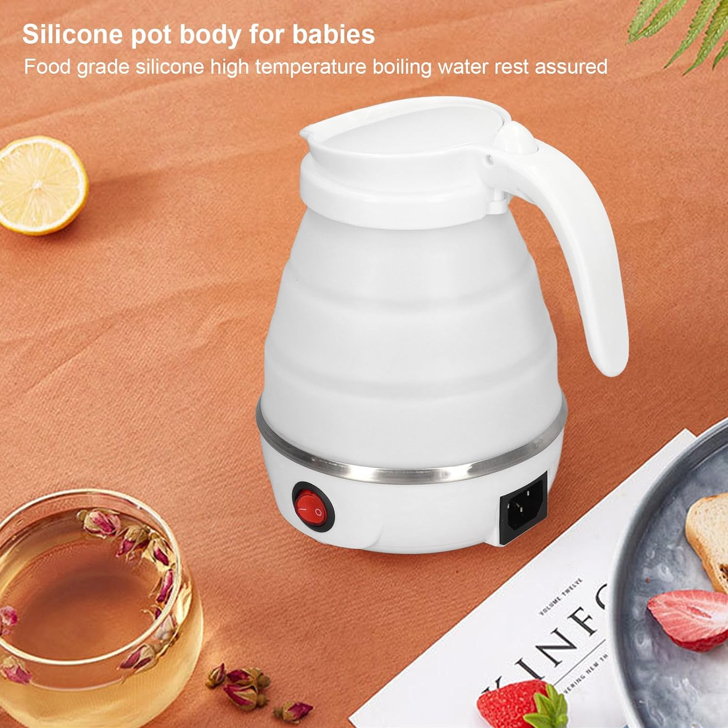 Travel Folding Electric Kettle Stainless Steel Heating Plate Fast Boiling Food Grade Silicone Folding Design Collapsible Portable Foldable Boil Dry Protection Home & Office Use 600ml