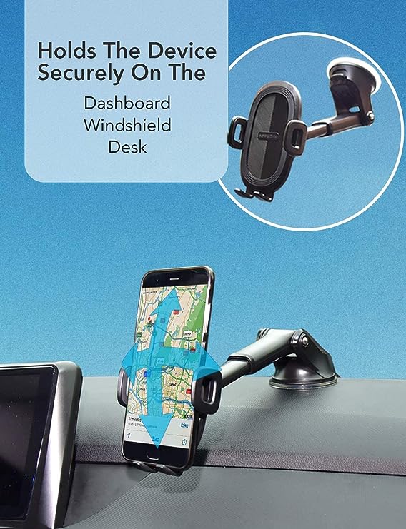 Smart Universal Phone Holder, Mobile Stand for Car with Quick One Touch Technology with Double Shift Locking for Windscreen, Dashboard & Table Desk- 360 Degree Rotation