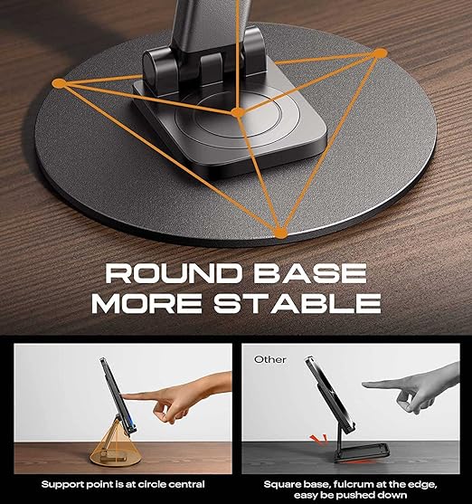 Aluminum Mobile Phone Stand 360° Rotation Height and Angle Adjustable and Foldable Cell Phone Stand for Desk Office Desktop Phone Holder for Smartphone