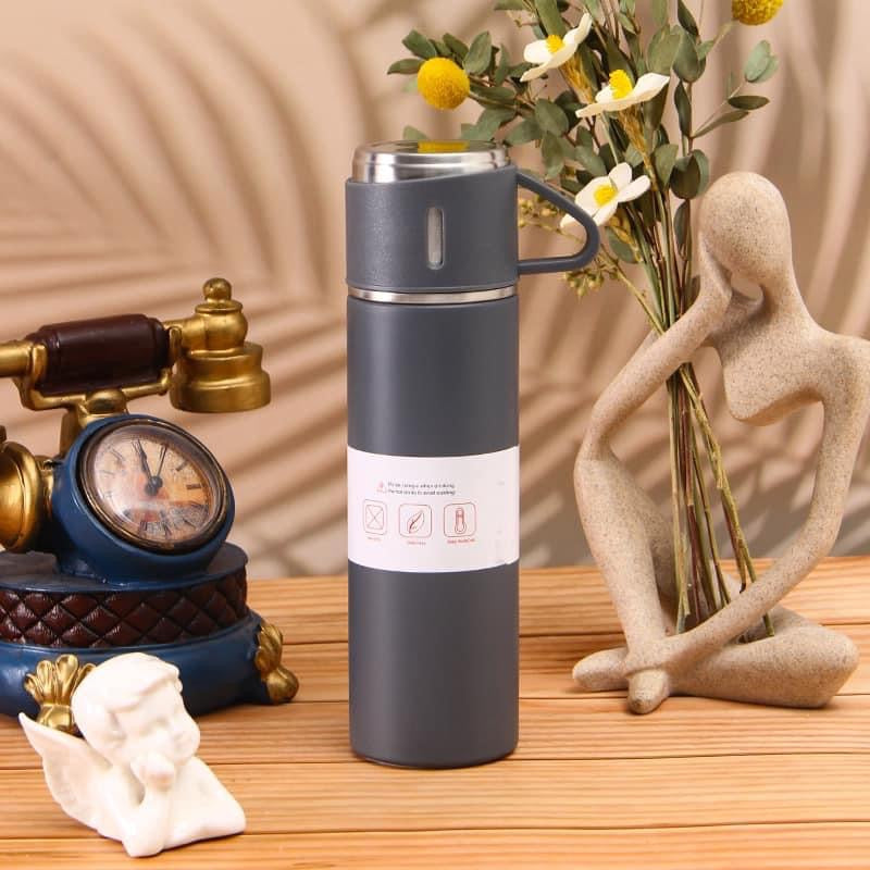 Vacuum Flask with 3 Cup Set Combo-Stainless Steel Thermo Hot and Cold Double Wall Insulated Thermos Travel Flask Bottle for Tea Coffee Water and Gift, 500 ml