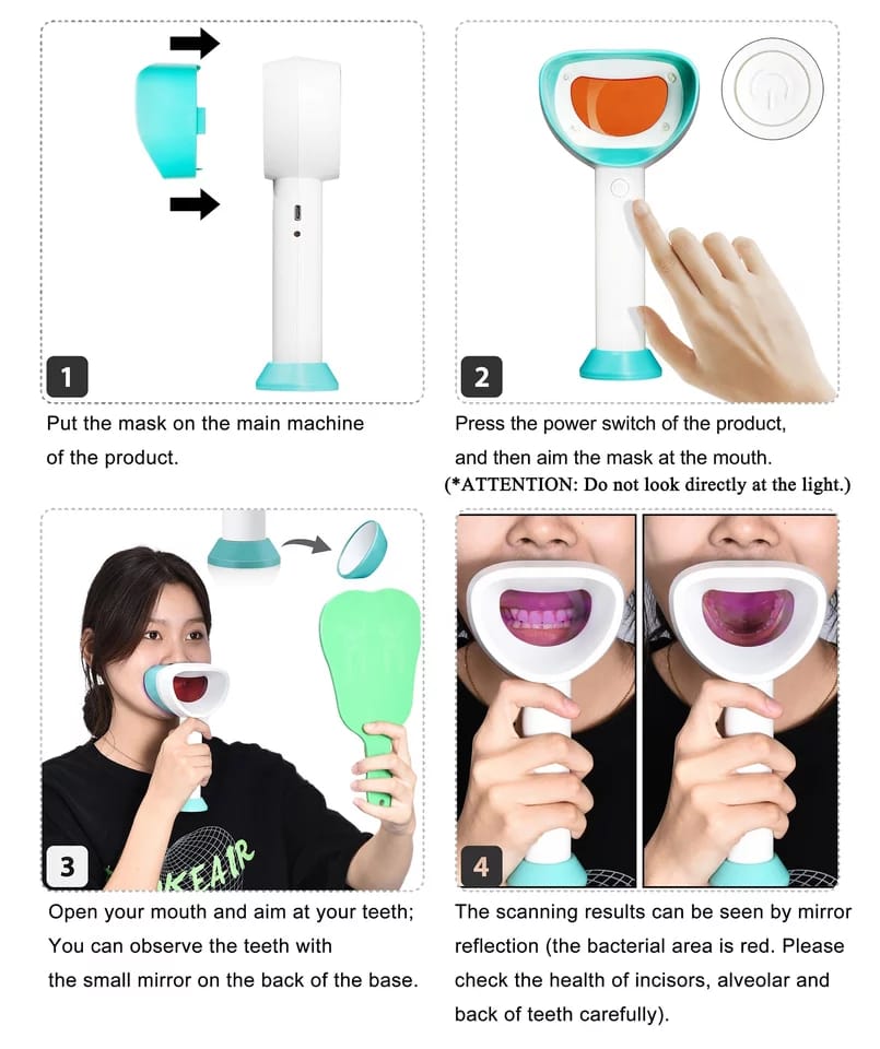 Dental Plaque Monitor Handheld Oral Plaque Finder with Specific Orange and Red Fluorescence Detection Radiation Free and Without Dye for Kids & Adults