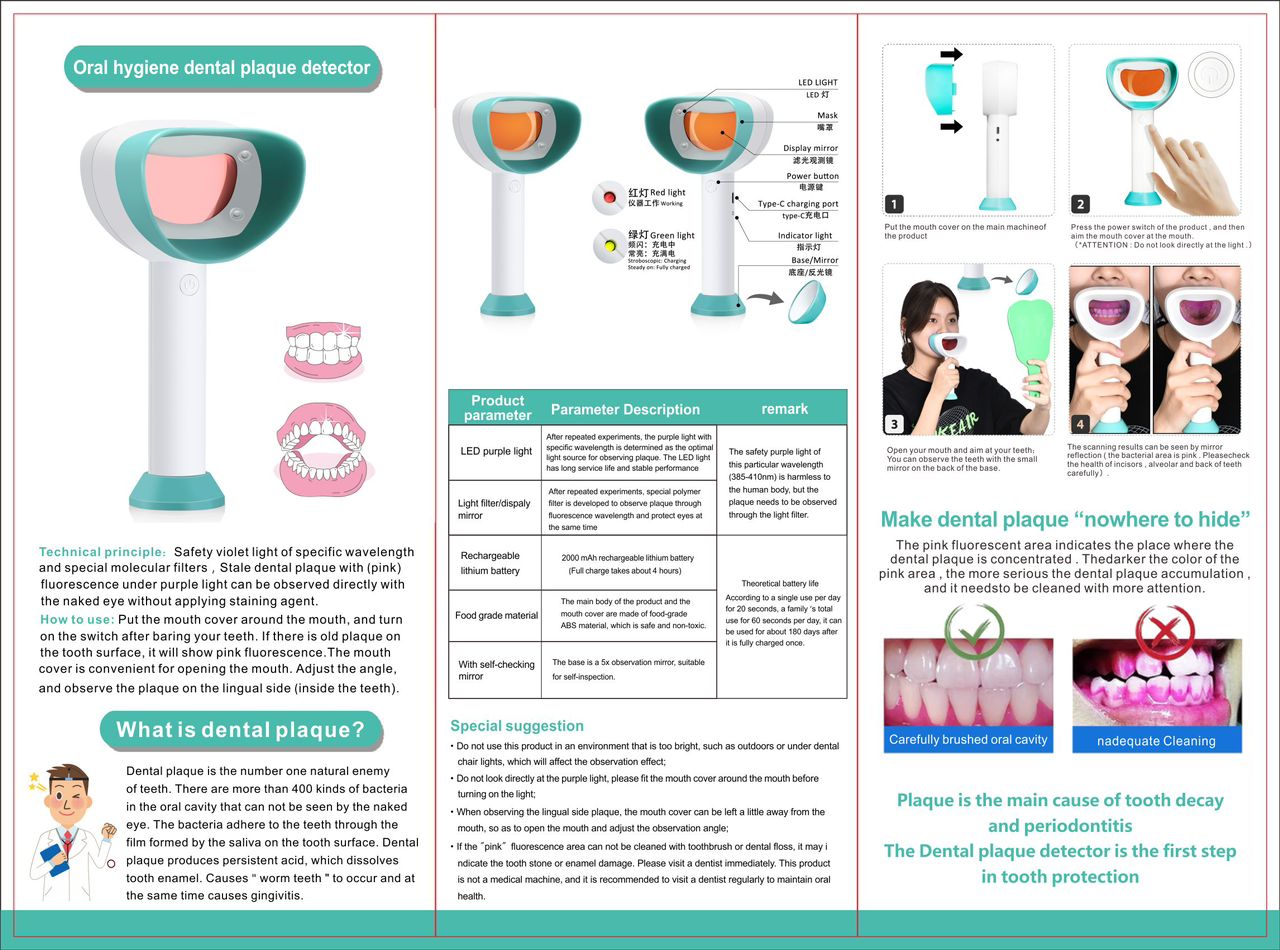 Dental Plaque Monitor Handheld Oral Plaque Finder with Specific Orange and Red Fluorescence Detection Radiation Free and Without Dye for Kids & Adults