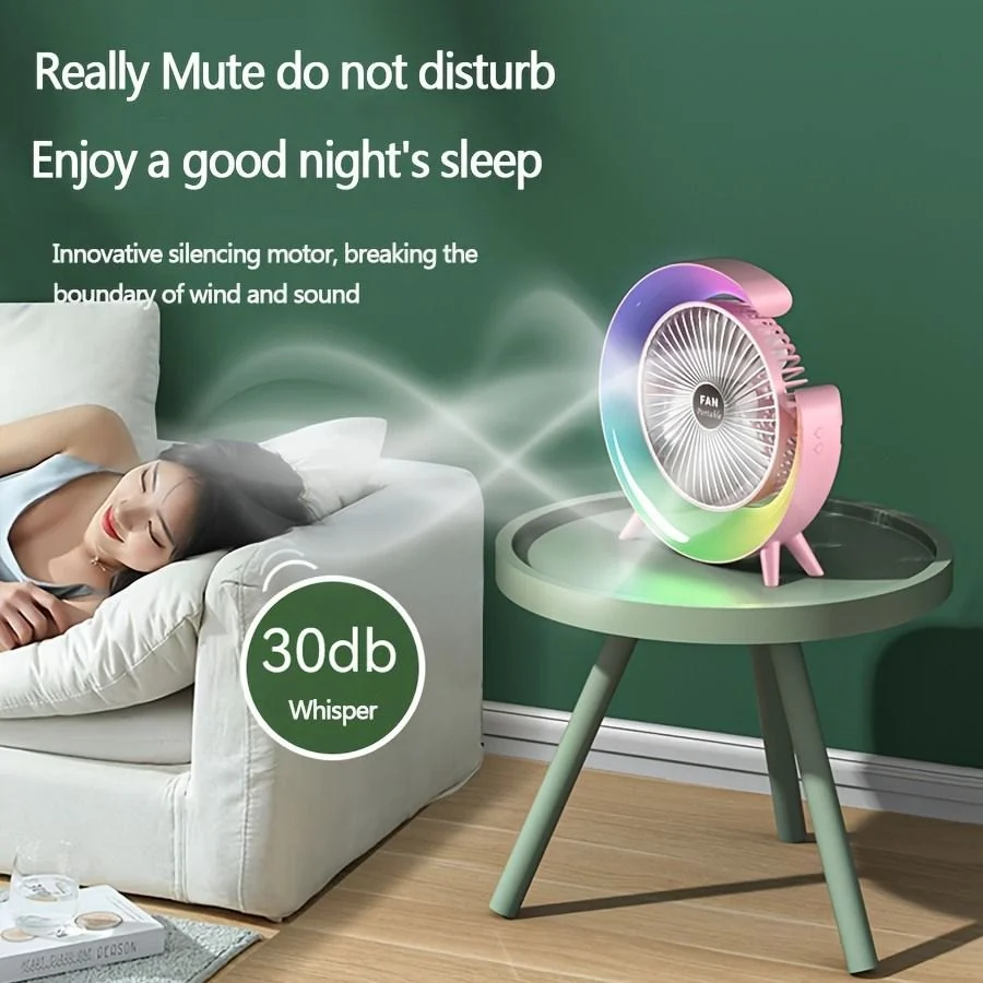 Portable Colorful Desk Fan with LED Light, 3 Level Speeds, 180° Tilt, USB Rechargeable Battery Powered for Home & Office Use.