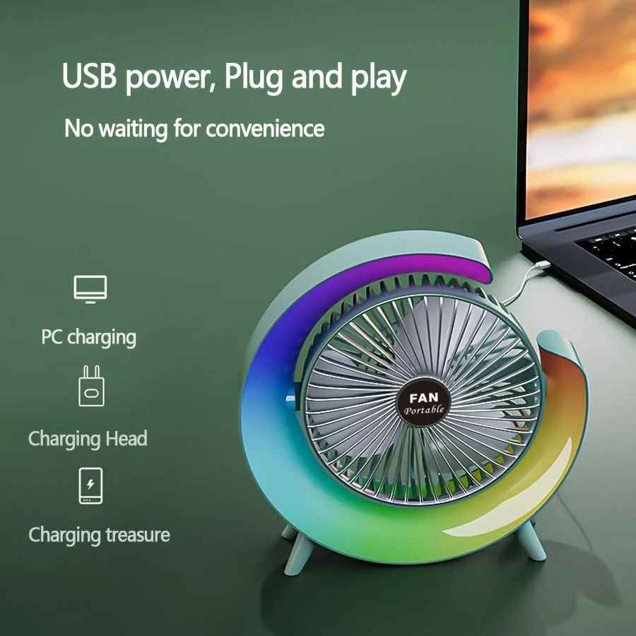 Portable Colorful Desk Fan with LED Light, 3 Level Speeds, 180° Tilt, USB Rechargeable Battery Powered for Home & Office Use.